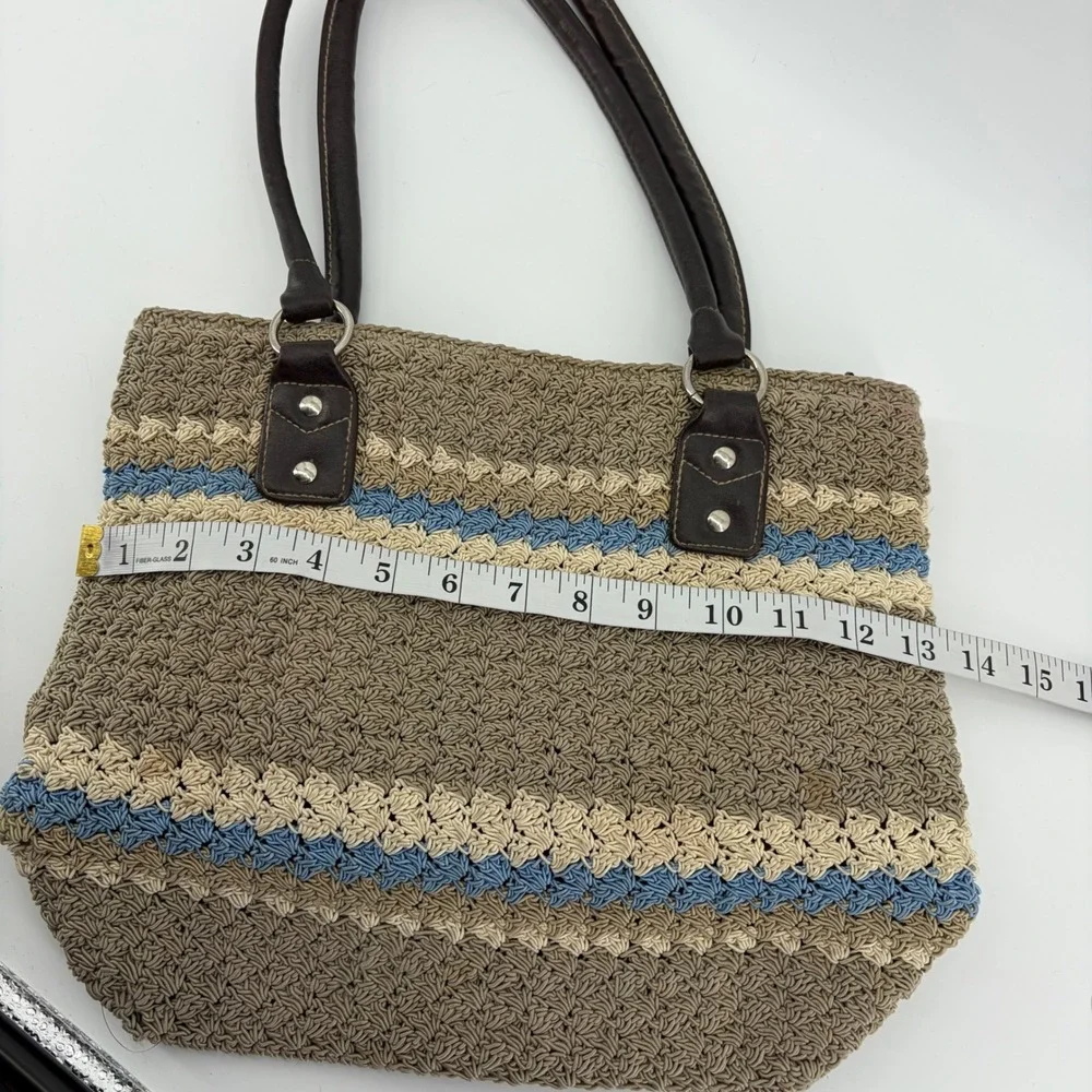 Crocheted Striped Tote‎ Bag Brown Tan Blue Faux Leather Handles